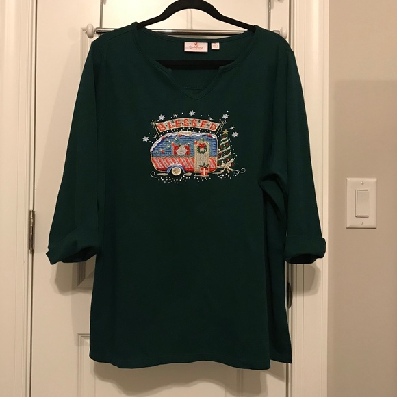 QF forest green 3/4 sleeve top with holiday camper — sparkly! (XL) - Picture 2 of 16